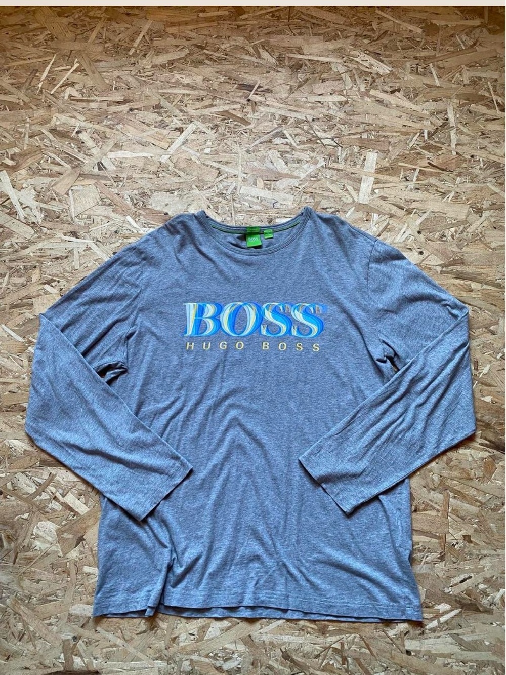 Hugo Boss Gray Long Sleeve Tee with Blue Logo